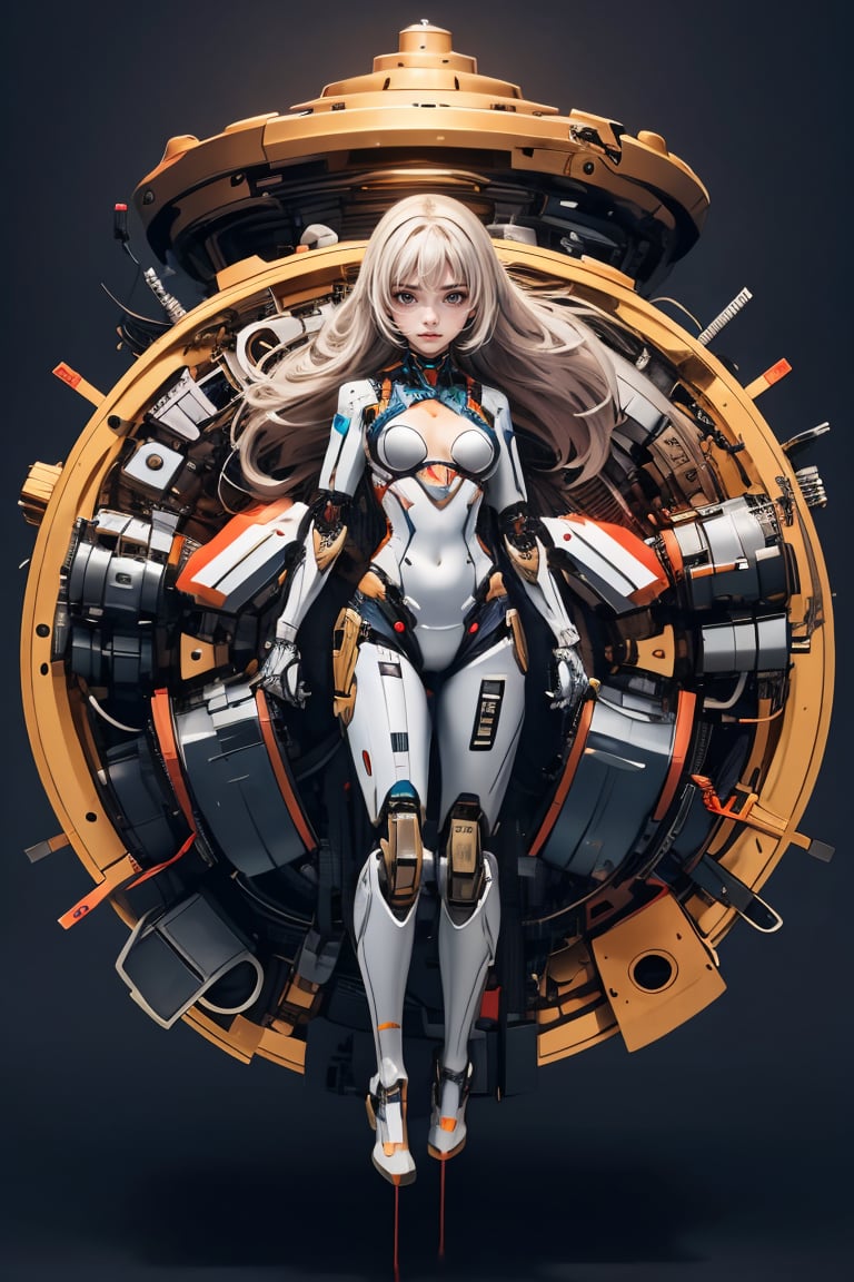 1girl, solo, long hair, closed mouth, full body, small breasts, floating hair, floating, metal,  mechanical body,mechanical, robot_girl ,complex,  