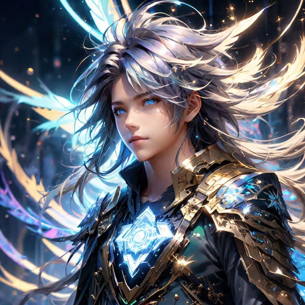 ,shoulder length messy long shine hair, happy, Full body, Beautiful anime waifu style boy, hyperdetailed painting, luminism, art by Carne Griffiths and Wadim Kashin concept art, 4k resolution, fractal isometrics details bioluminescence , 4d render, octane render, intricately detailed , cinematic, trending on artstation Isometric Centered hyperrealistic cover photo awesome full color, hand drawn , gritty, realistic mucha , hit definition , cinematic, on paper, ethereal background, abstract beauty,stand, approaching perfection, pure form, golden ratio, minimalistic, unfinished, concept art, by Brian Froud and Carne Griffiths and Wadim Kashin and John William Waterhouse, intricate details, 8k post production, high resolution, hyperdetailed, trending on artstation, sharp focus, studio photo, intricate details, highly detailed, by greg rutkowski