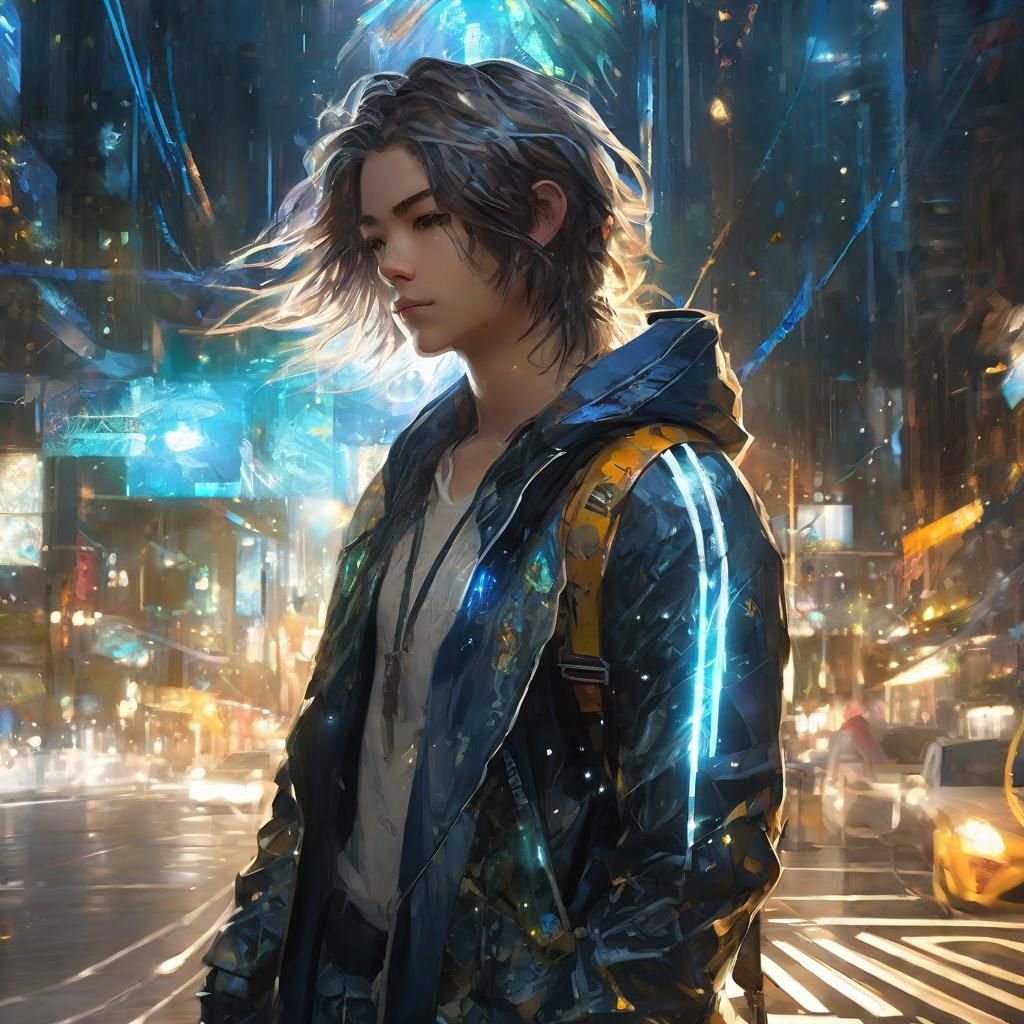 Shoulder length messy long shine hair, happy, Full body, Beautiful anime waifu style boy, hyperdetailed painting, luminism, art by Carne Griffiths and Wadim Kashin concept art, 4k resolution, fractal isometrics details bioluminescence , 4d render, octane render, intricately detailed , cinematic, trending on artstation Isometric Centered hyperrealistic cover photo awesome full color, hand drawn , gritty, realistic mucha , hit definition , cinematic, on paper, ethereal background, abstract beauty,stand, approaching perfection, pure form, golden ratio, minimalistic, unfinished, concept art, by Brian Froud and Carne Griffiths and Wadim Kashin and John William Waterhouse, intricate details, 8k post production, high resolution, hyperdetailed, trending on artstation, sharp focus, studio photo, intricate details, highly detailed, by greg rutkowski