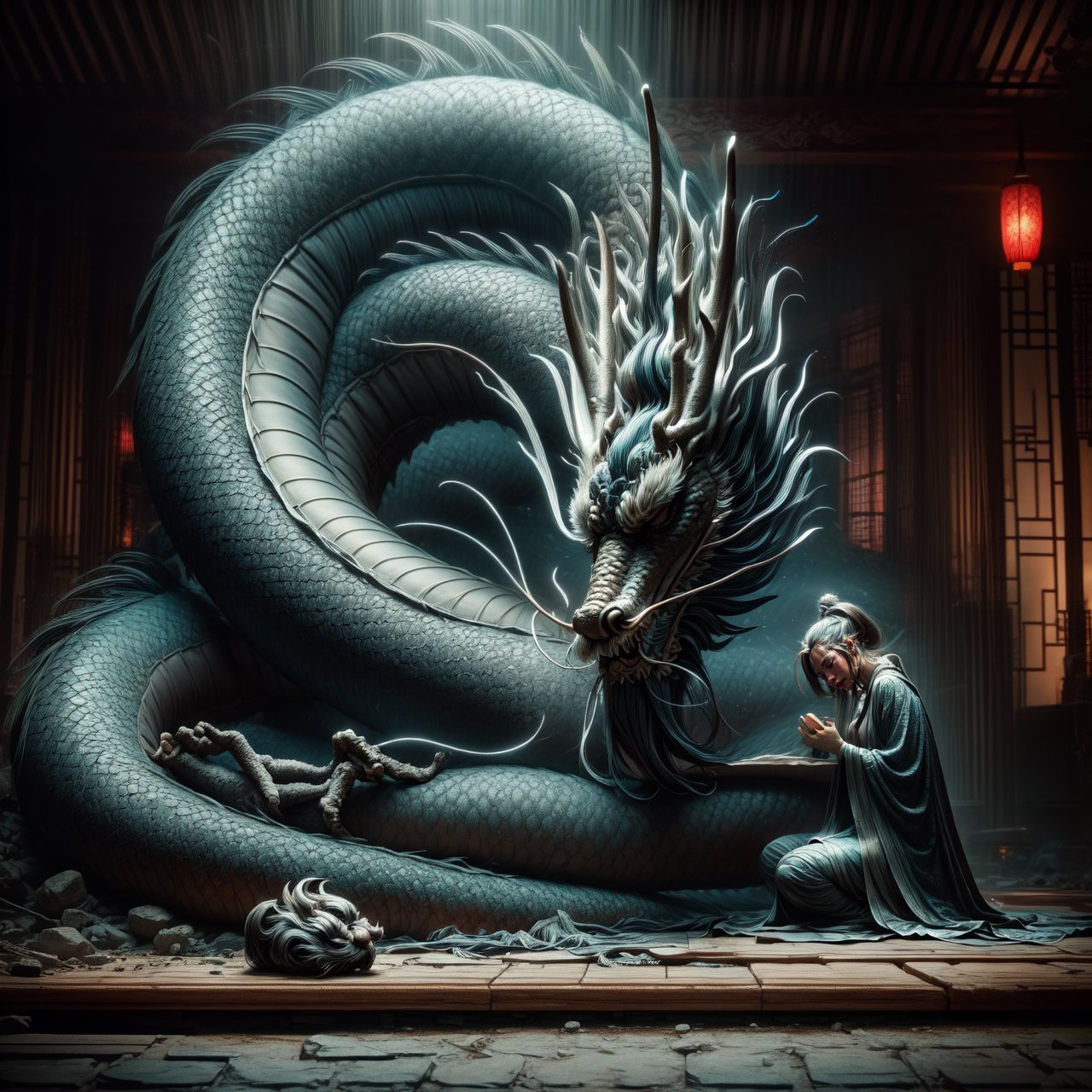 Chinese dragon, sleeping dragon posture, head bowed, dignified, introspective, subdued, texture and details, humble posture, profound symbolism, repentance, solemn introspection, wisdom and humility.
By FuturEvoLab, (Masterpiece, Best Quality, 8k:1.2), (Ultra-Detailed, Highres, Extremely Detailed, Absurdres, Incredibly Absurdres, Huge Filesize:1.1), 