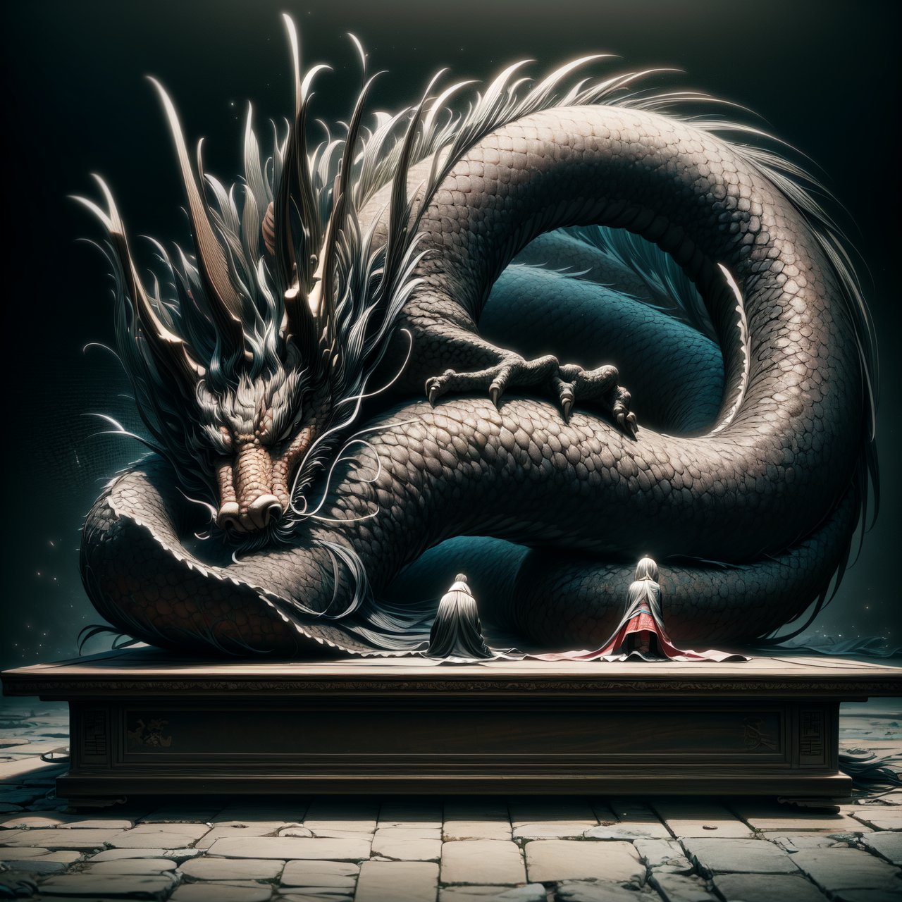 Chinese dragon, sleeping dragon posture, head bowed, dignified, introspective, subdued, texture and details, humble posture, profound symbolism, repentance, solemn introspection, wisdom and humility.
By FuturEvoLab, (Masterpiece, Best Quality, 8k:1.2), (Ultra-Detailed, Highres, Extremely Detailed, Absurdres, Incredibly Absurdres, Huge Filesize:1.1), 