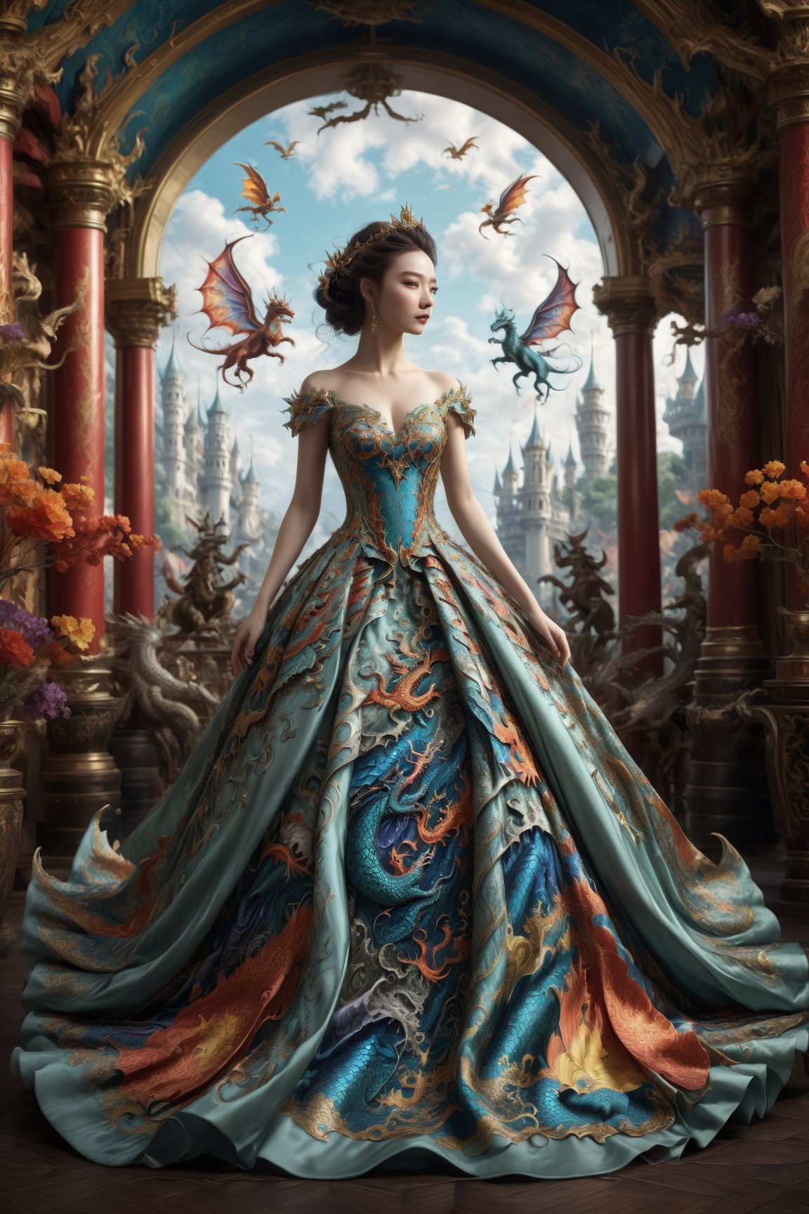 Dragon inspired dress, 4k,intricate detail,wallpaper,absurdres,high resolution,ultra colorful art, ,depth of field,ray tracing,spectacular, old Renaissance age amusement,grand Circus,flying random animals,dancing crowns,Frame,Magical Fantasy style