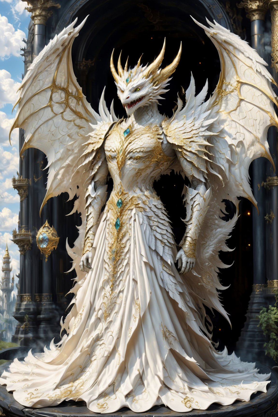 ,Dragon inspired dress, Fluffy White Angel male perched upon golden bejeweled tower in a heavenly utopian city, huge feathery angel wings, glowing nebula eyes, white flowing clouds, ivory armor with diamond gem inlay, trending on artstation, sharp focus, studio photo, intricate details, highly detailed, by tim burton
