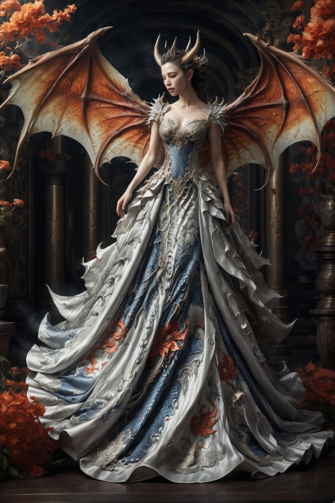 Dragon inspired dress, Masterpiece, Best Quality:1.3), highres, (8k resolution), , madgod, horror, floating, demon, full angle view, hyperrealistic, raytracing, extremely detail, full background, falling, silver trim, flower, fantasy, nightmare, bloom, cinematic lighting, dynamic, intricate details,deep depth iof field, twisted horn