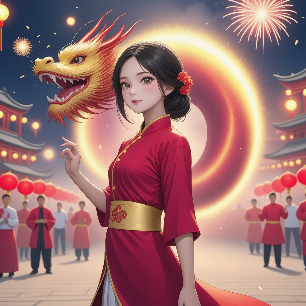 Asian girl, 22yo, 1girl, a stunning beautiful woman, dragon dance, Chinese Festival, Chinese Lantan, Ancient chinese town, fireworks, ,,<lora:659095807385103906:1.0>