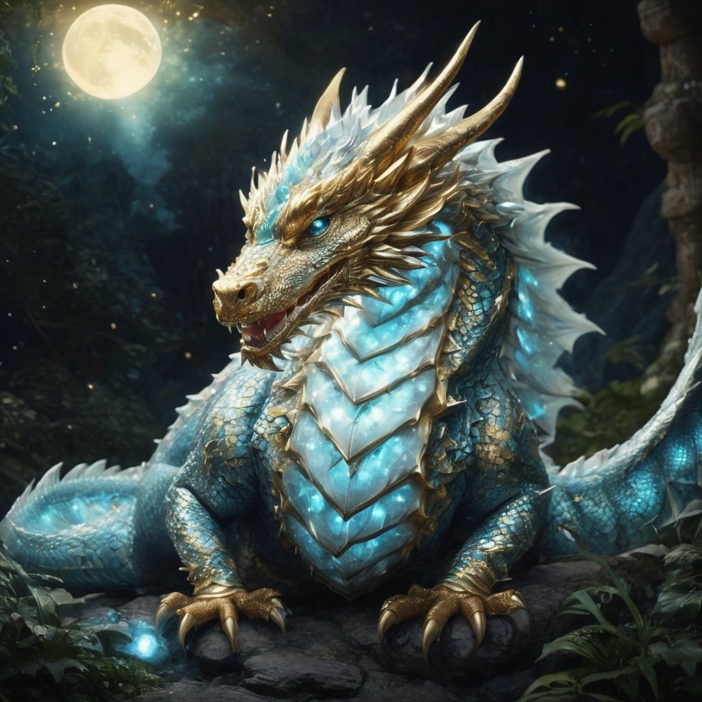 Generate hyper realistic image of the Chubby Moonbeam Serpentlet, a baby dragon basking in the soft glow of moonbeams. Its chubby cheeks and crescent-shaped scales make it an endearing creature that captures the magic of moonlit nights.Dragon