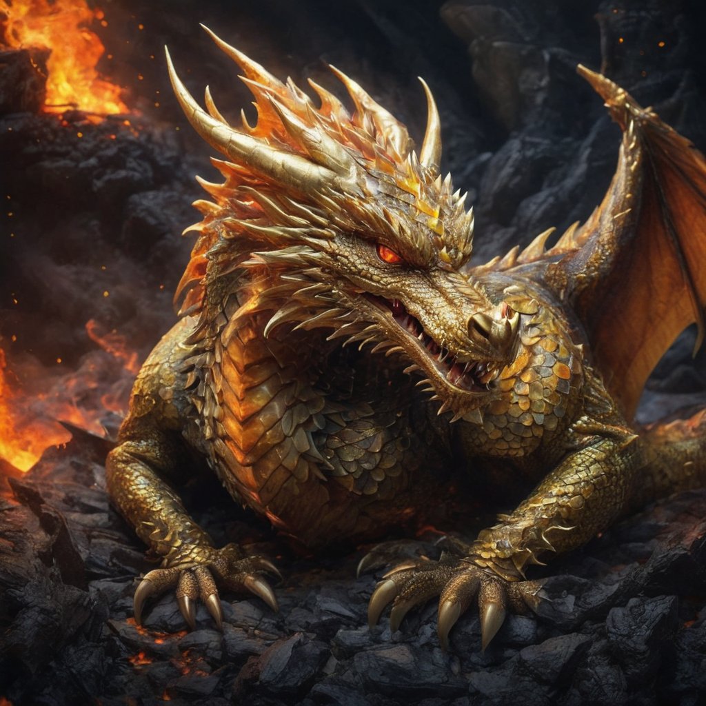 Generate hyper realistic image of the Snoozing Inferno Whelp, a baby dragon napping in the warmth of a tiny inferno. Its gentle snores and curled tail create an adorable image of a contented whelp dreaming sweet dragon dreams.Dragon,Dragon