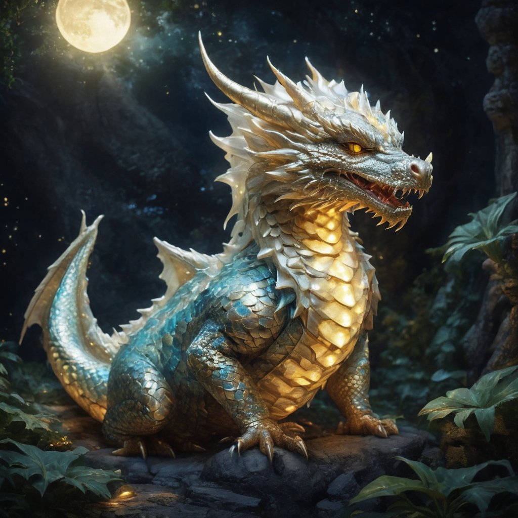 Generate hyper realistic image of the Chubby Moonbeam Serpentlet, a baby dragon basking in the soft glow of moonbeams. Its chubby cheeks and crescent-shaped scales make it an endearing creature that captures the magic of moonlit nights.Dragon
