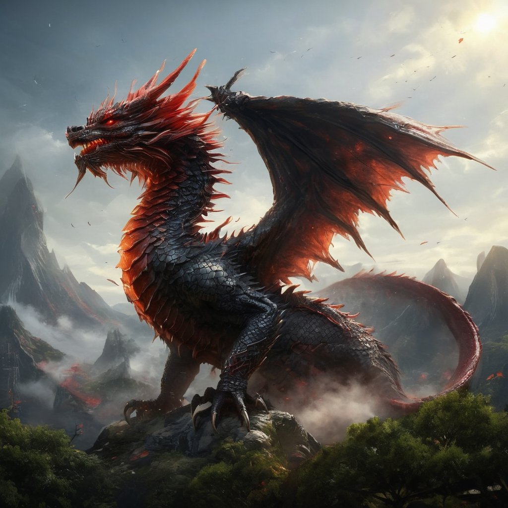 Generate hyper realistic image of the Sa dragon with black wings and red eyes roaming through sky. Its dark red scales and wide-eyed curiosity capture the essence of fearsome charm.Dragon,Dragon