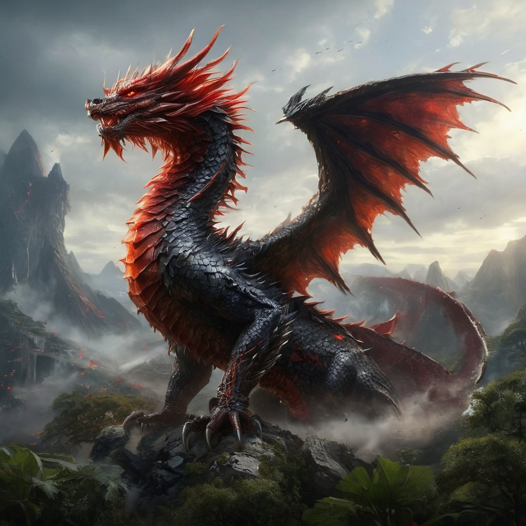 Generate hyper realistic image of the Sa dragon with black wings and red eyes roaming through sky. Its dark red scales and wide-eyed curiosity capture the essence of fearsome charm.Dragon,Dragon