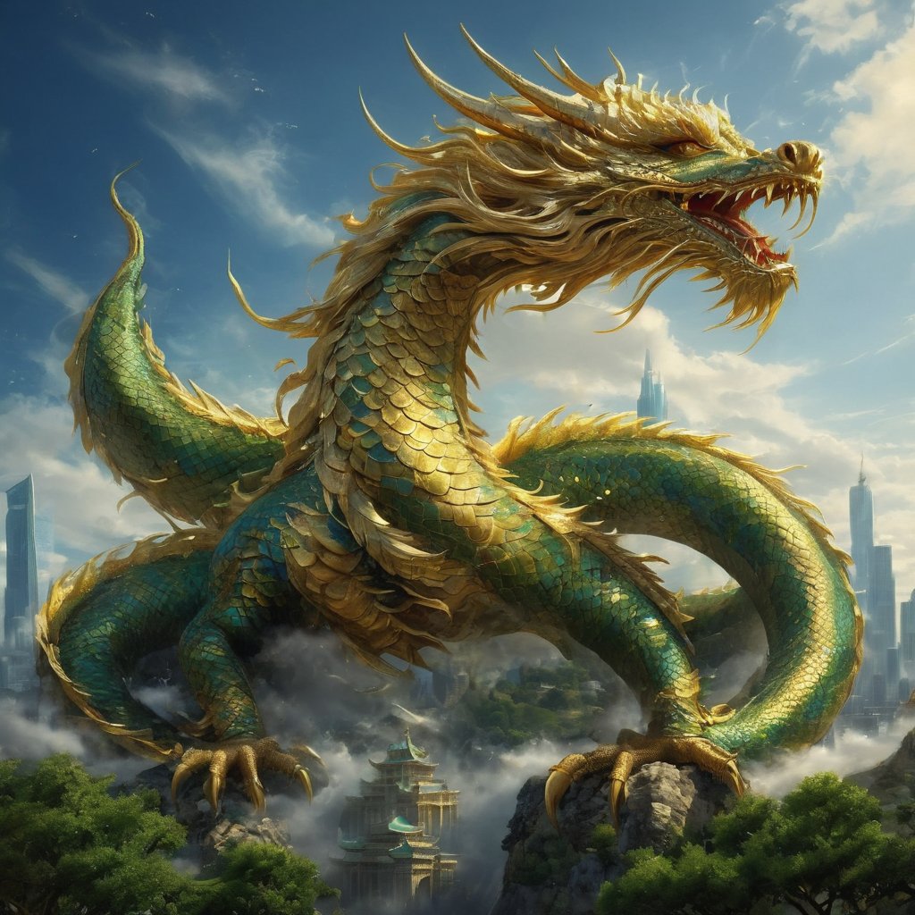 Generate hyper realistic image of the majestic chinese dragon roaming through blue sky. Its golden and green scales flying above the city .Dragon,Dragon