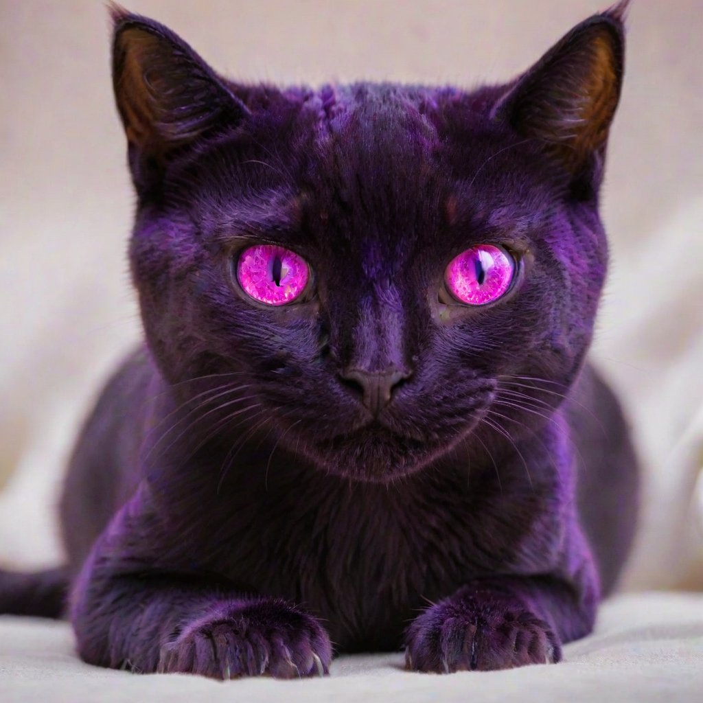 cute black and purple cat with glowing purple eyes 