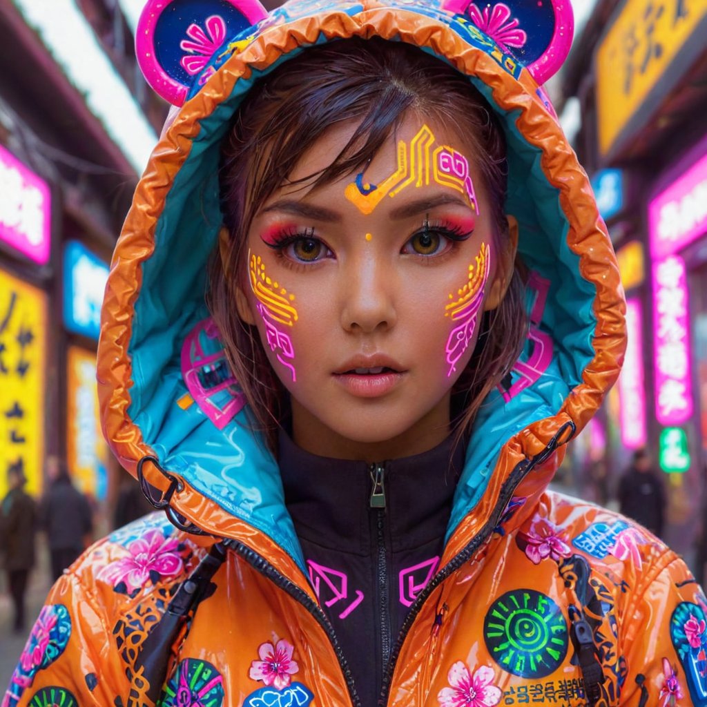 kawaii style {style Detailed body painting beautiful neon operator tanned woman, cyberpunk futuristic neon, reflective puffy coat, decorated with traditional japanese ornaments by ismail inceoglu dragan bibin hans thoma greg rutkowski alexandros pyromallis nekro rene maritte illustrated, perfect face, fine details,} . cute, adorable, brightly colored, cheerful, anime influence, highly detailed