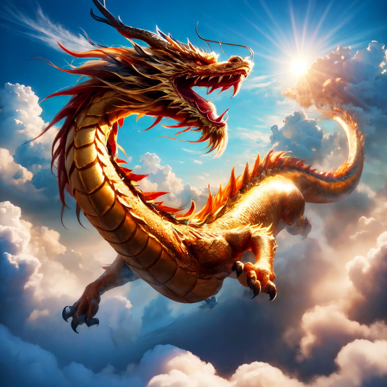 Chinese Dragon, Soars In The Sky, Winding Through The Sky, Majestic, Powerful, Detailed, Vibrant, Elegant, Strength And Grace, Ultra-Detailed, Highres, Extremely Detailed, Absurdres, Incredibly Absurdres, Huge Filesize, Above The Clouds, Clear Blue Sky, Fluffy White Clouds, Apex Of Achievement, Recognition, Ascendant Position, Celebrated Status,
By FuturEvoLab, (Masterpiece, Best Quality, 8k:1.2), (Ultra-Detailed, Highres, Extremely Detailed, Absurdres, Incredibly Absurdres, Huge Filesize:1.1), 