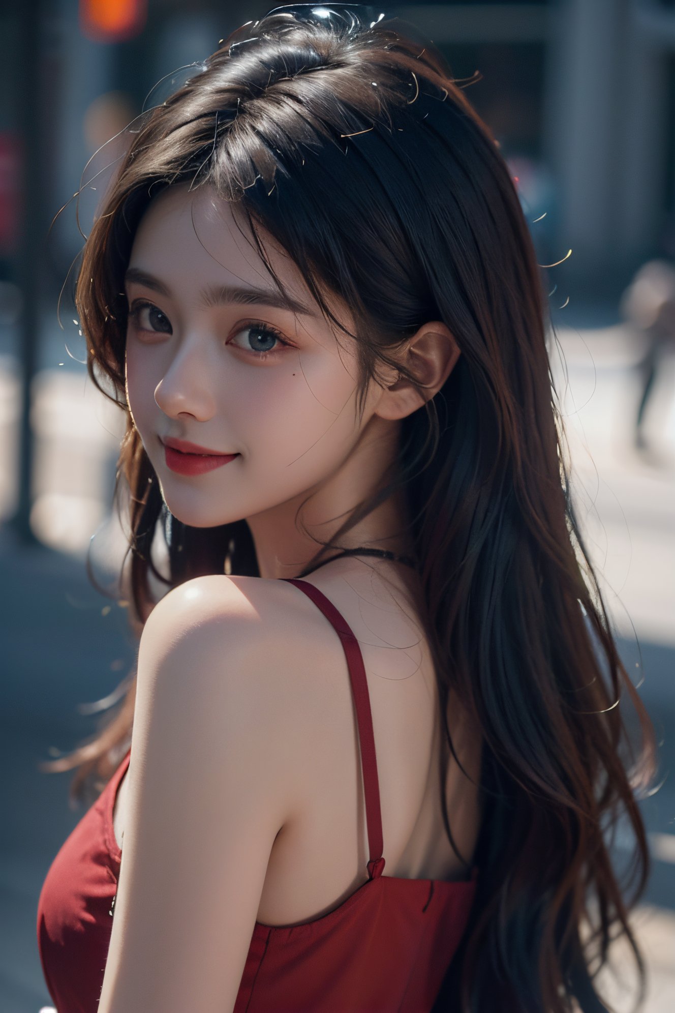 photorealistic of a cute girl in red\(smile, messy long silver hair\), detailed skin and face, shadow, cinematic, shot from side, look back, street, surrealistic, sense of reality, very realistic, very realistic, intense contrast of light and shadow, Leica M50, f/1.8, light master