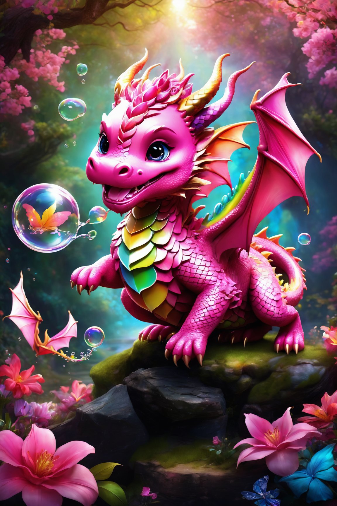 (highres:1.2),pink dragon,funny face,whimsical,playful,expressive eyes,witty smile,detailed scales,vibrant colors,magical creature,cheeky expressions,with wings,curly horns,sparkling eyes,dancing flames,floating in the air,absurdly cute,pink fantasy land,floating clouds,rainbow in the background,colorful flowers and trees,lighthearted and joyful,dragon blowing bubbles,childlike innocence,laughter and joy,evoking happiness and wonder.
