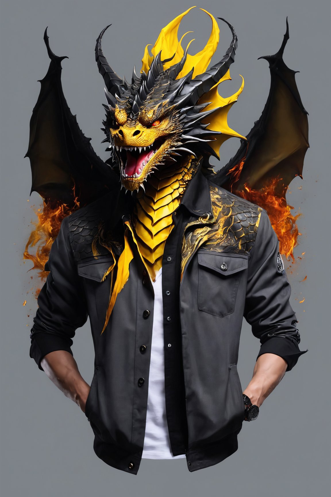 AiArtV, Dragon, open mouth, yellow eyes, shirt design, jacket, upper body, male focus, teeth, grey background, sharp teeth, t-shirt, claws, spikes, yellow shirt, cropped torso, scales, fiery breath, intense gaze, powerful wings, smoky atmosphere