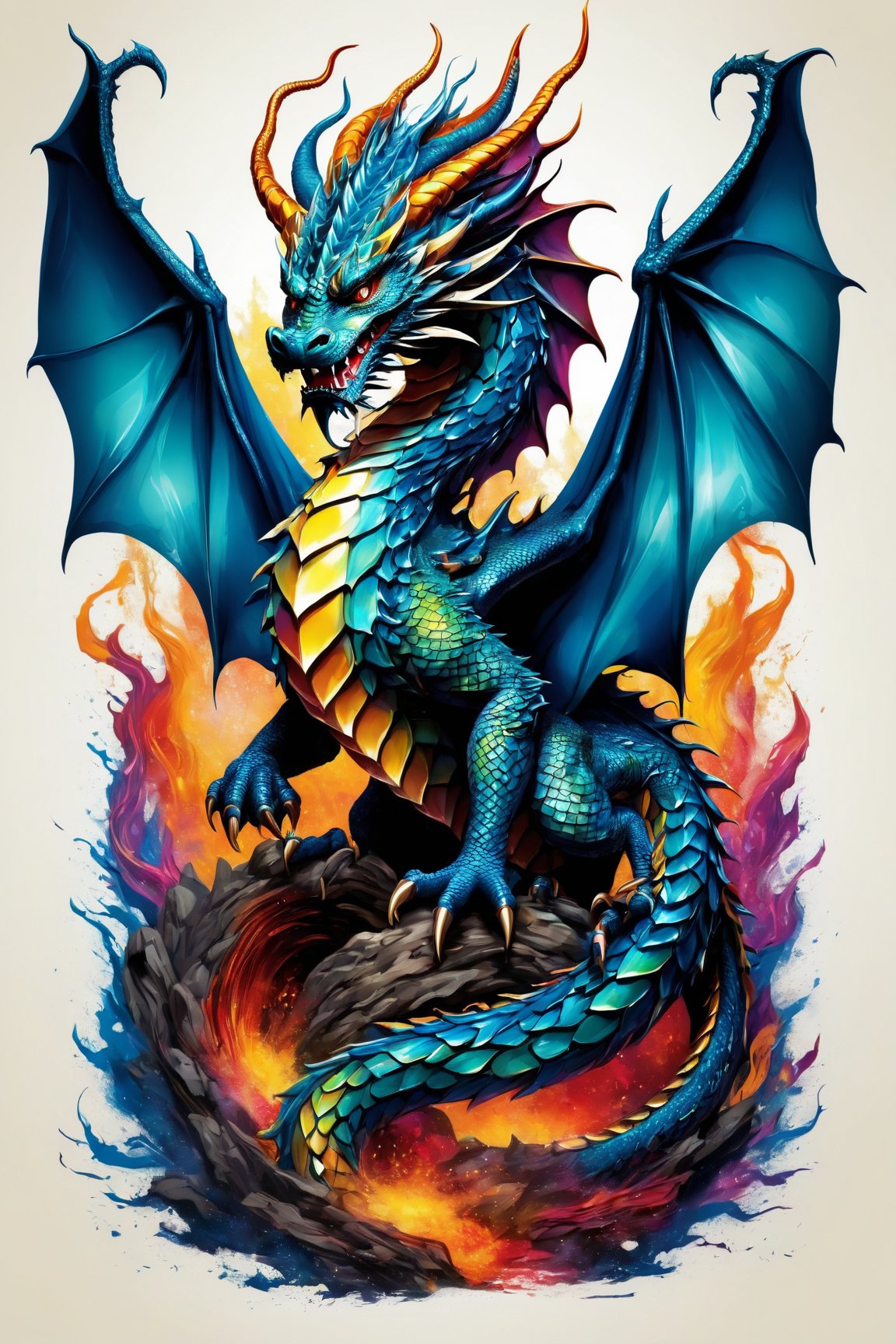 (best quality,8K,highres,masterpiece), ultra-detailed, (vector illustration, t-shirt design), featuring a majestic and powerful dragon. This fearsome creature is depicted in a striking pose, its scales shimmering with intricate detail and vibrant colors. The dragon's fierce eyes and mighty wings add to its awe-inspiring presence. The illustration is designed to be a captivating centerpiece for a t-shirt, capturing the essence of fantasy and strength in every line and curve.