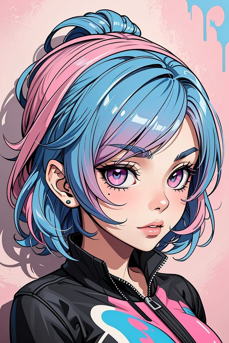 graffiStyle, casual outfit, vibrant, detailed, (woman, portrait on the wall, solo: 1.5), 2D, very attractive, sport figure, abstract, masterpiece, high quality, , (blended pink and blue hair:1.3), splatoon colors