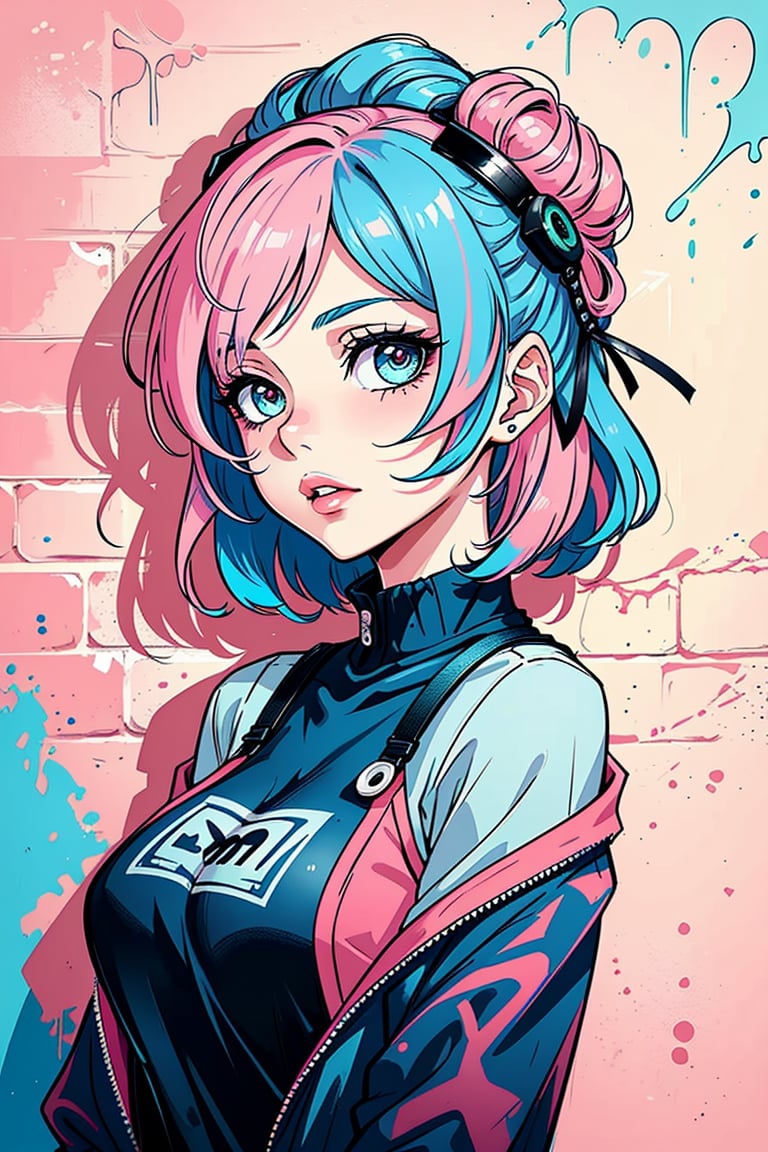 graffiStyle, casual outfit, vibrant, detailed, (woman, portrait on the wall, solo: 1.5), 2D, very attractive, sport figure, abstract, masterpiece, high quality, , (blended pink and blue hair:1.3), splatoon colors