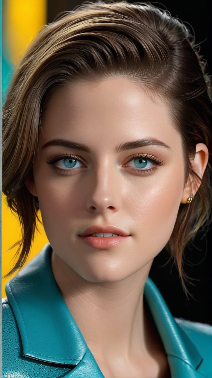((Hyper-realistic)) half body portrait of a beautiful woman,alluring neighbor's wife,23yo,(Kristen Stewart),body model portrait,clear facial features,perfect body,perfect in every way,detailed face,detailed soft shiny skin,detailed hair,playful smirks,seductive eyes,elegant jacket on (turtleneck) shirt,detailed reflective textures of clothes,(Turquoise, Baby Blue, Mustard Yellow, Gray color),rule of thirds,chiaroscuro lighting,soft rim lighting,key light reflecting in the eyes,bokeh backdrop,by Antonio López and David Parrish,real_booster