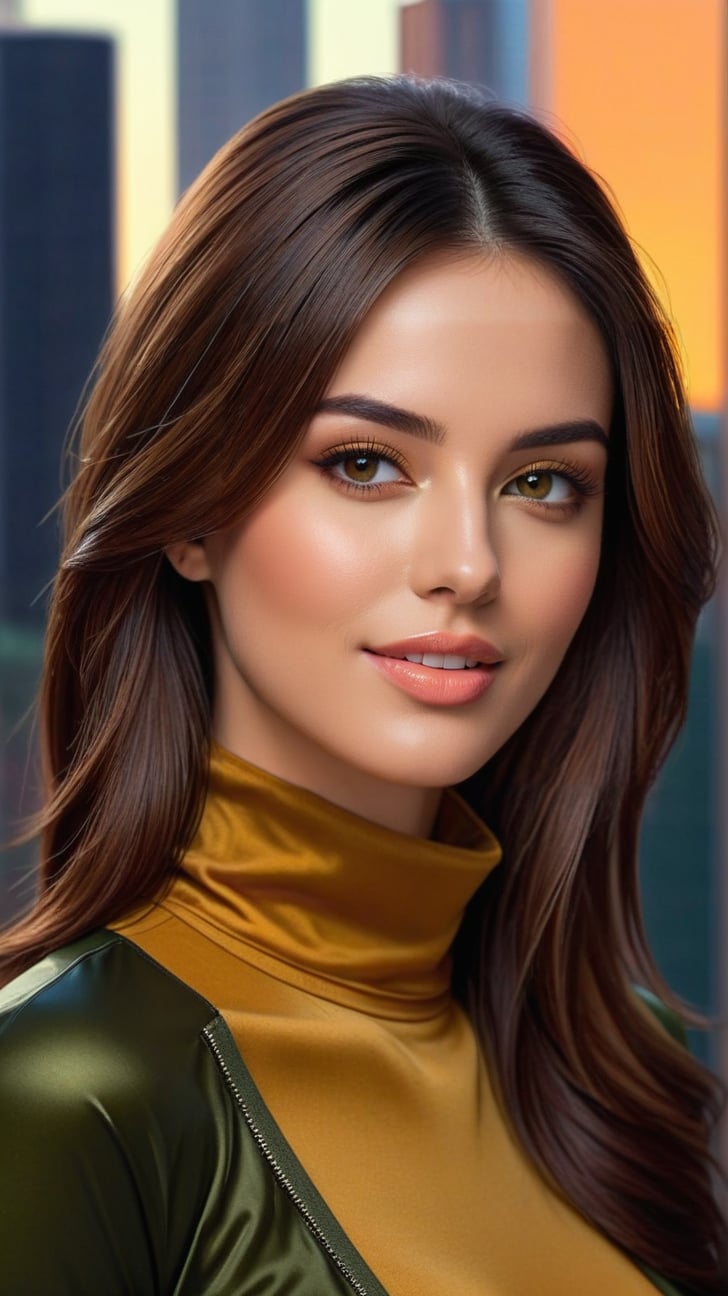 realistic half body portrait of a beautiful woman,alluring neighbor's wife,23yo,body model portrait,clear facial features,soft shiny skin,perfect body,perfect in every way,playful smirks,seductive eyes,elegant jacket on (turtleneck) shirt,(Rosewood, Mustard Yellow, Olive Green, Fluttering Peach color),rule of thirds,chiaroscuro lighting,soft rim lighting,key light reflecting in the eyes,city backdrop,art_booster, real_booster