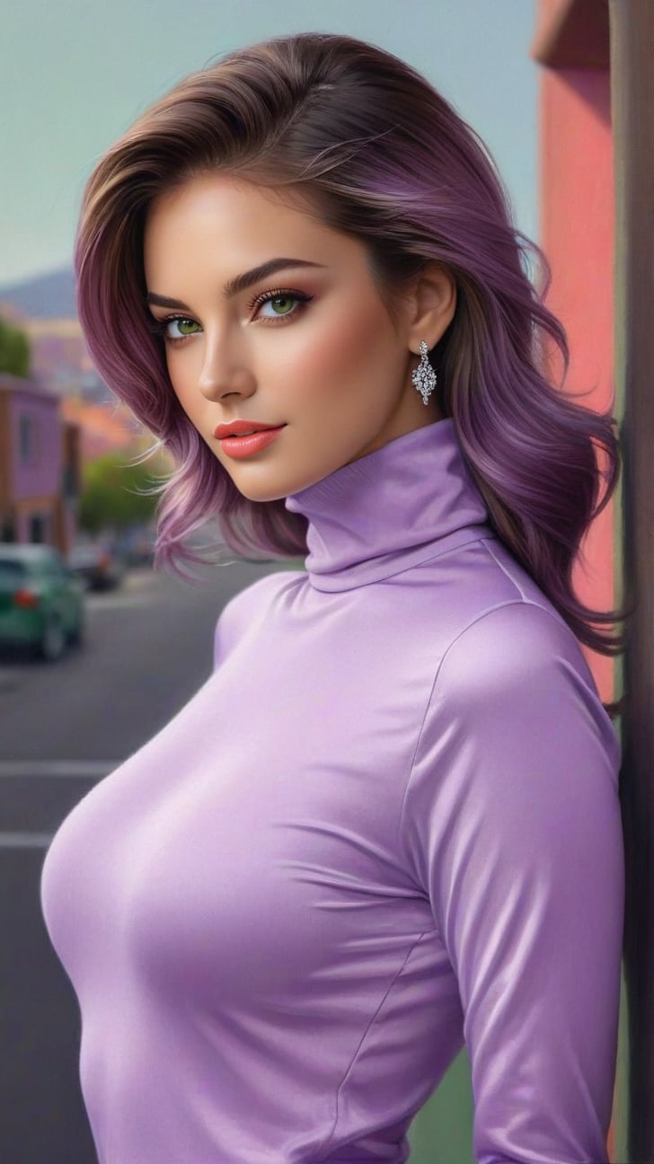 realistic half body portrait of a beautiful woman,alluring neighbor's wife,23yo,body model portrait,clear facial features,soft shiny skin,perfect body,perfect in every way,playful smirks,seductive eyes,elegant jacket on (turtleneck) shirt,(T Lilac Purple, Deep Coral, Green Gray, White Canvas color),rule of thirds,chiaroscuro lighting,soft rim lighting,key light reflecting in the eyes,city backdrop,art_booster, real_booster