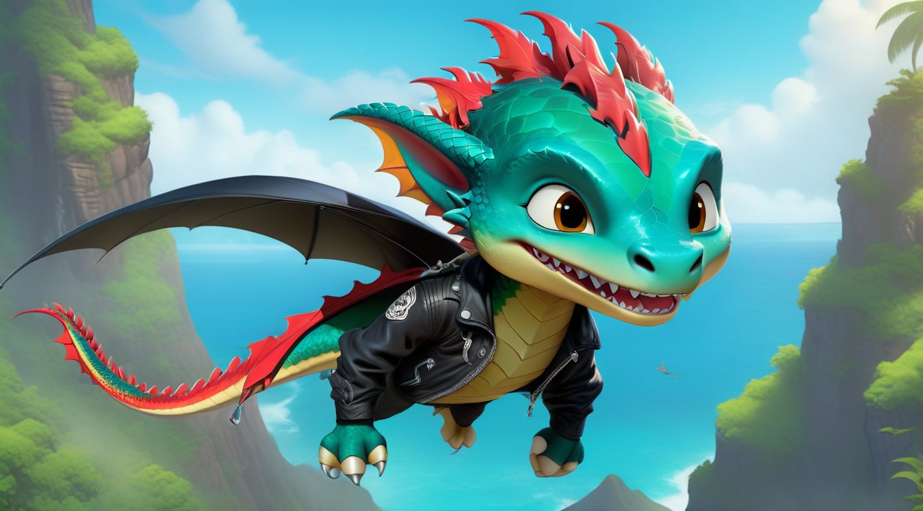 Cartoon: a cute dragon boy,flying in a hang glider,black biker jacket,Hawaii  backdrop,cinematic lighting,rule of thirds,depth of perspective,trending on artstation,(fullbody wide sideshot:1.3),animation style,dragon_h,art_booster,real_booster