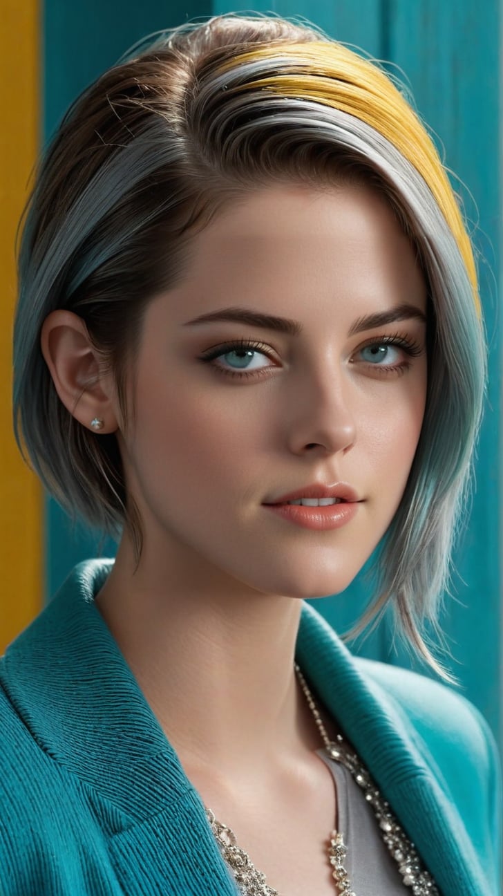 ((Hyper-realistic)) half body portrait of a beautiful woman,alluring neighbor's wife,23yo,(Kristen Stewart),body model portrait,clear facial features,perfect body,perfect in every way,detailed face,detailed soft shiny skin,detailed hair,playful smirks,seductive eyes,elegant jacket on (turtleneck) shirt,detailed reflective textures of clothes,(Turquoise, Baby Blue, Mustard Yellow, Gray color),rule of thirds,chiaroscuro lighting,soft rim lighting,key light reflecting in the eyes,bokeh backdrop,by Antonio López and David Parrish,real_booster