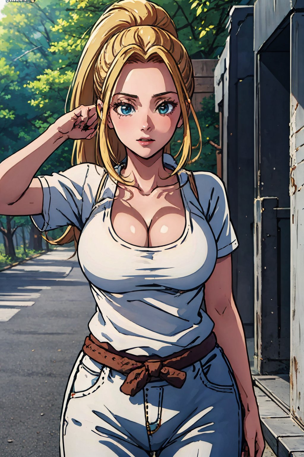Best quality, Masterpiece, detailed background, 1girl, solo, pony_tail, cowboy_shot, sexy pose, forest, large breasts,beatrix, white shirt, cleavage, samurai pant