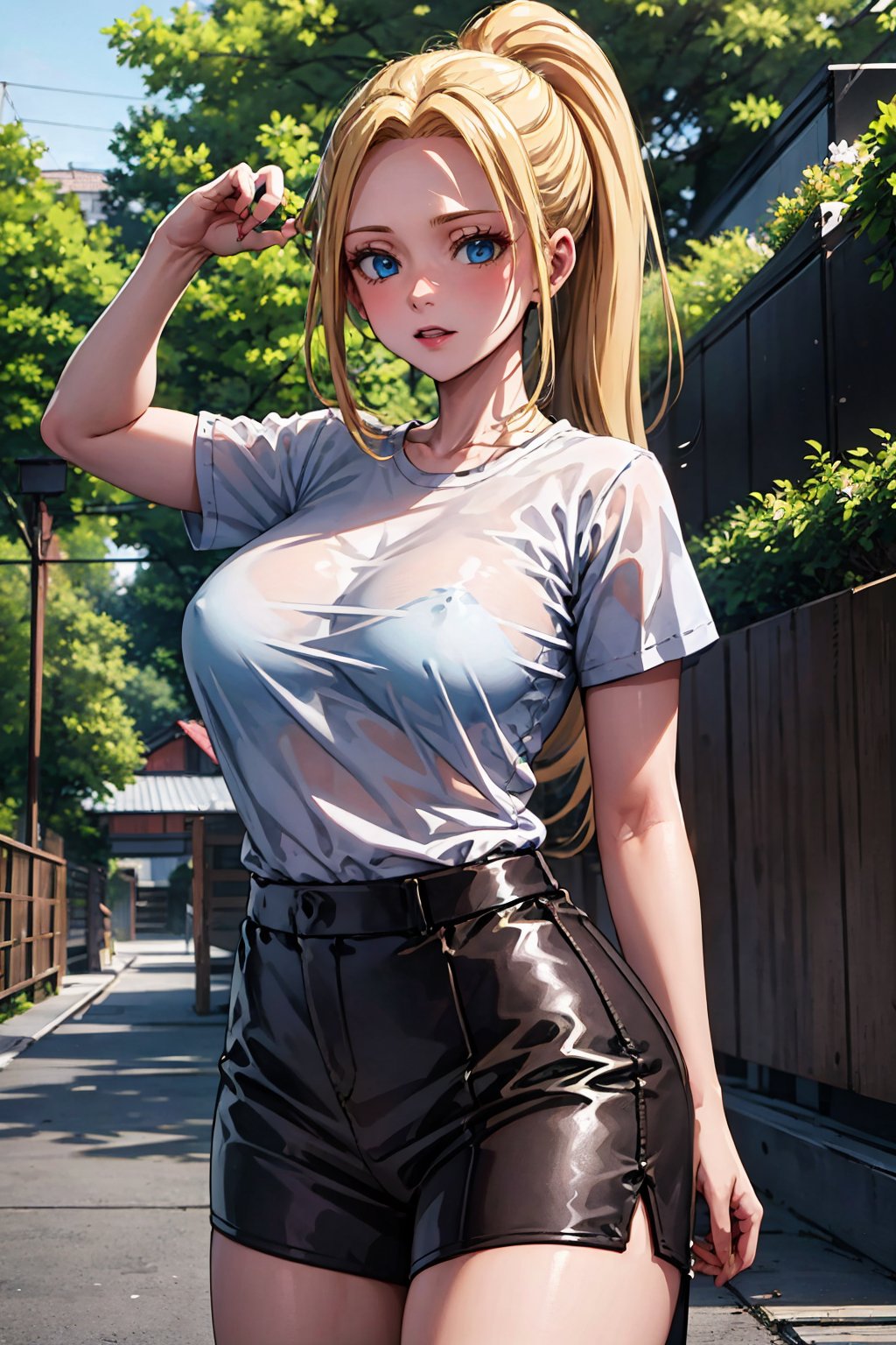 Best quality, Masterpiece, detailed background, 1girl, solo, pony_tail, cowboy_shot, sexy pose, forest, large breasts,beatrix, white shirt, blonde hair, blue eyes, blonde eyelashes