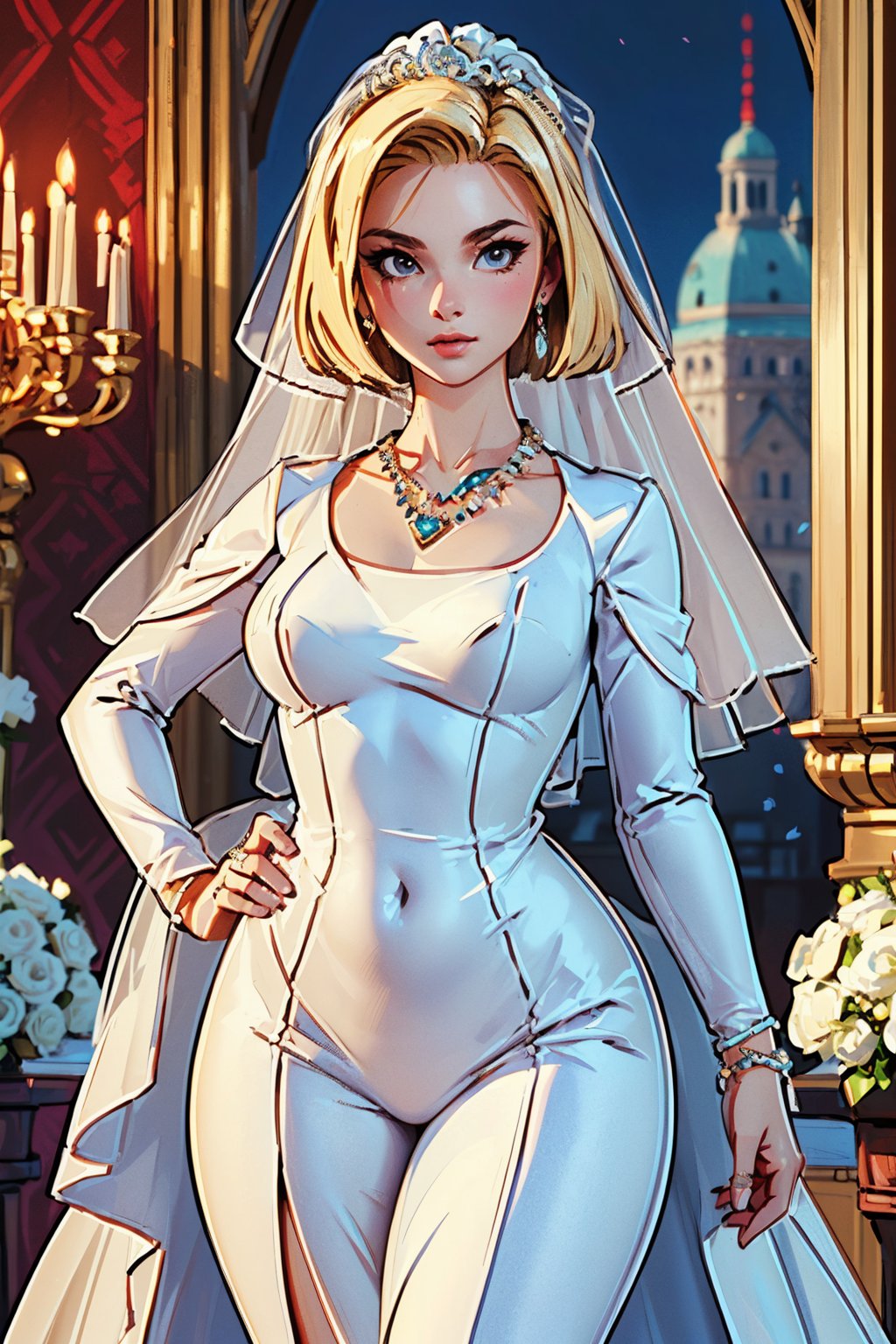 (Best quality, Masterpiece:1.4),(wide hips,  breasts:1.4),sexy pose,photo realistic, (wedding dress, jewelry, necklace:1.4), detailed background, dinning room,androide18, blonde hair, bob_cut,Masterpiece