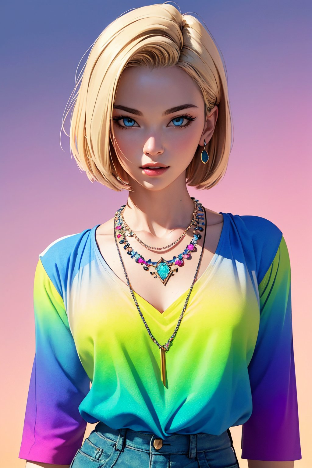 (Best quality, Masterpiece:1.4),1girl,solo,sexy pose, bokeh, (jewelry, clothes, realistic, photo realistic, gradient, pastel colors, necklace:1.4), detailed background, kamehouse, island ,androide18, blonde hair, bob_cut, blue eyes