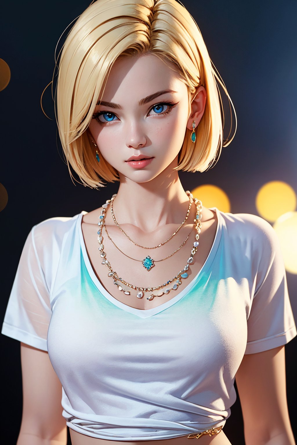 (Best quality, Masterpiece:1.4),1girl,solo,sexy pose, bokeh, (jewelry, clothes, realistic, photo realistic, gradient, necklace:1.4), detailed background, kamehouse, island ,androide18, blonde hair, bob_cut, blue eyes