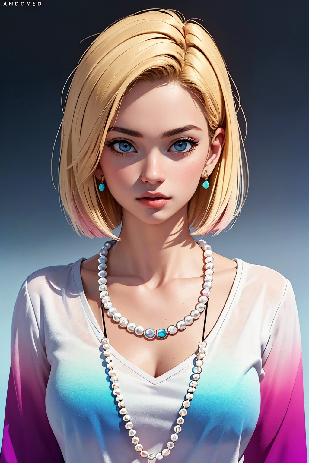 (Best quality, Masterpiece:1.4),1girl,solo,sexy pose, bokeh, (jewelry, clothes, realistic, photo realistic, gradient, necklace:1.4), detailed background, kamehouse, island ,androide18, blonde hair, bob_cut, blue eyes, white_pearl_collar