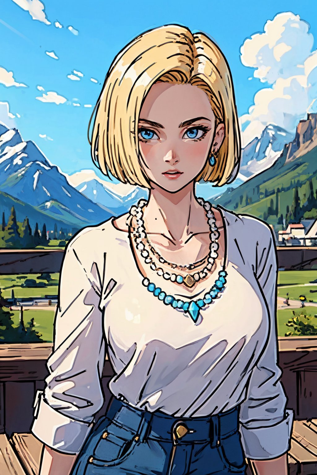 (Best quality, Masterpiece:1.4),1girl,solo,sexy pose, bokeh, (jewelry, clothes, necklace:1.4), detailed background, mountains, ,androide18, blonde hair, bob_cut, blue eyes
