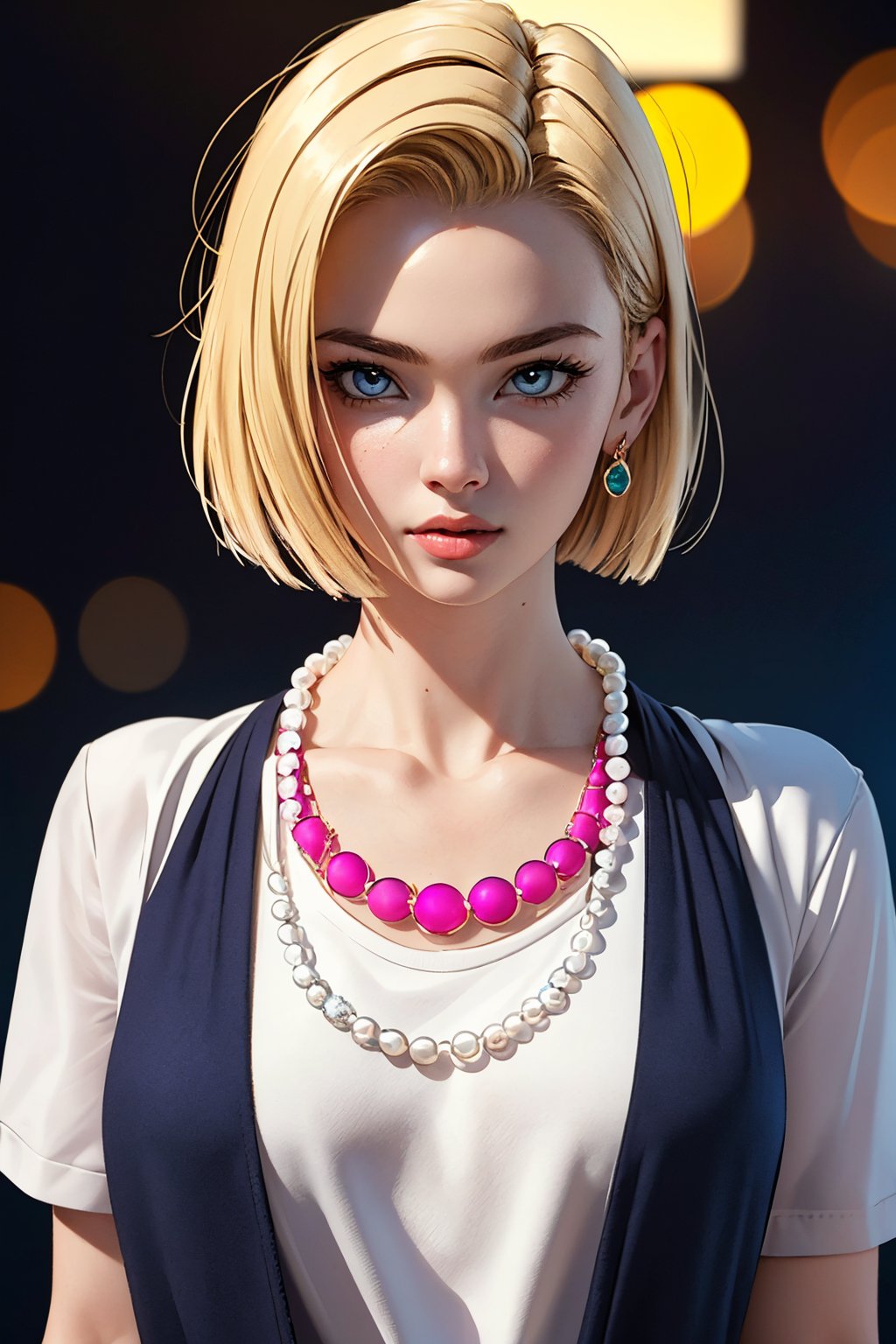 (Best quality, Masterpiece:1.4),1girl,solo,sexy pose, bokeh, (jewelry, clothes, realistic, photo realistic, gradient, necklace:1.4), detailed background, kamehouse, island ,androide18, blonde hair, bob_cut, blue eyes, pearl_collar