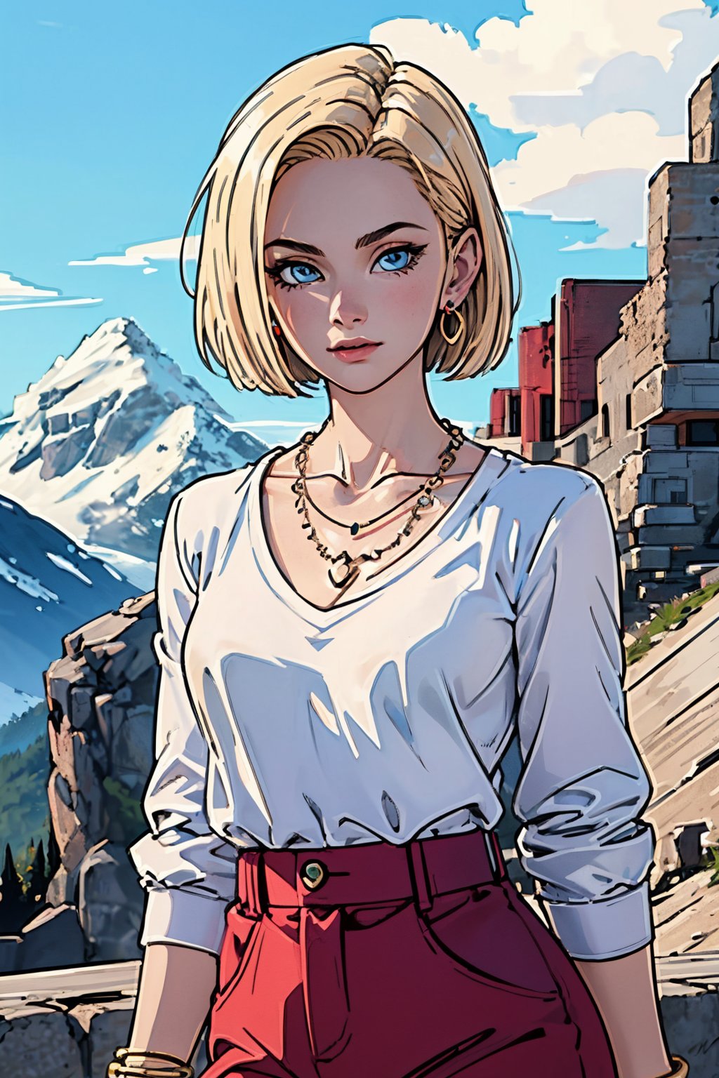 (Best quality, Masterpiece:1.4),1girl,solo,sexy pose, cinematic, (jewelry, clothes, necklace:1.4), detailed background, mountains, ,androide18, blonde hair, bob_cut, blue eyes