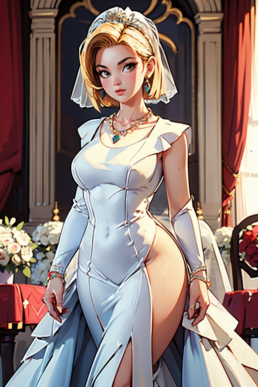 (Best quality, Masterpiece:1.4),(wide hips,  breasts:1.4),sexy pose,photo realistic, (wedding dress, jewelry, necklace:1.4), detailed background, dinning room,androide18, blonde hair, bob_cut,Masterpiece