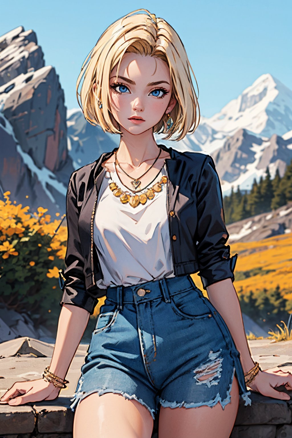 (Best quality, Masterpiece:1.4),1girl,solo,sexy pose, bokeh, (jewelry, clothes, necklace:1.4), detailed background, mountains, ,androide18, blonde hair, bob_cut, blue eyes
