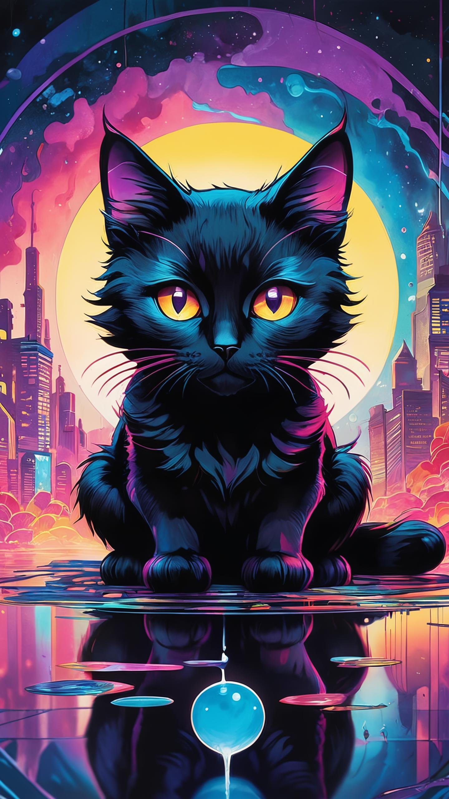 "amazing watercolor painting  award winning, ((masterpiece)), ((best quality)), ((detailed)), Unparalleled, ((Enchanting)), ((Impressive)), a black cat sitting on top of a reflective surface, cyberpunk art, inspired by Dan Mumford, furry art, details and vivid colors, electric wallpaper, beeple and jeremiah ketner, multicolored vector art, intricate, in a painting of a cat, full res psychedelic therapy, trending on ArtStation, ink splatters, pen lines, incredible detail, creative, positive energy, happy, unique, negative space, pure imagination painted by artgerm ,Surreal Harmony, SLPASHTER_3-7000, Gorgeous splash of vibrant paint, colorful paint, Colorsplash