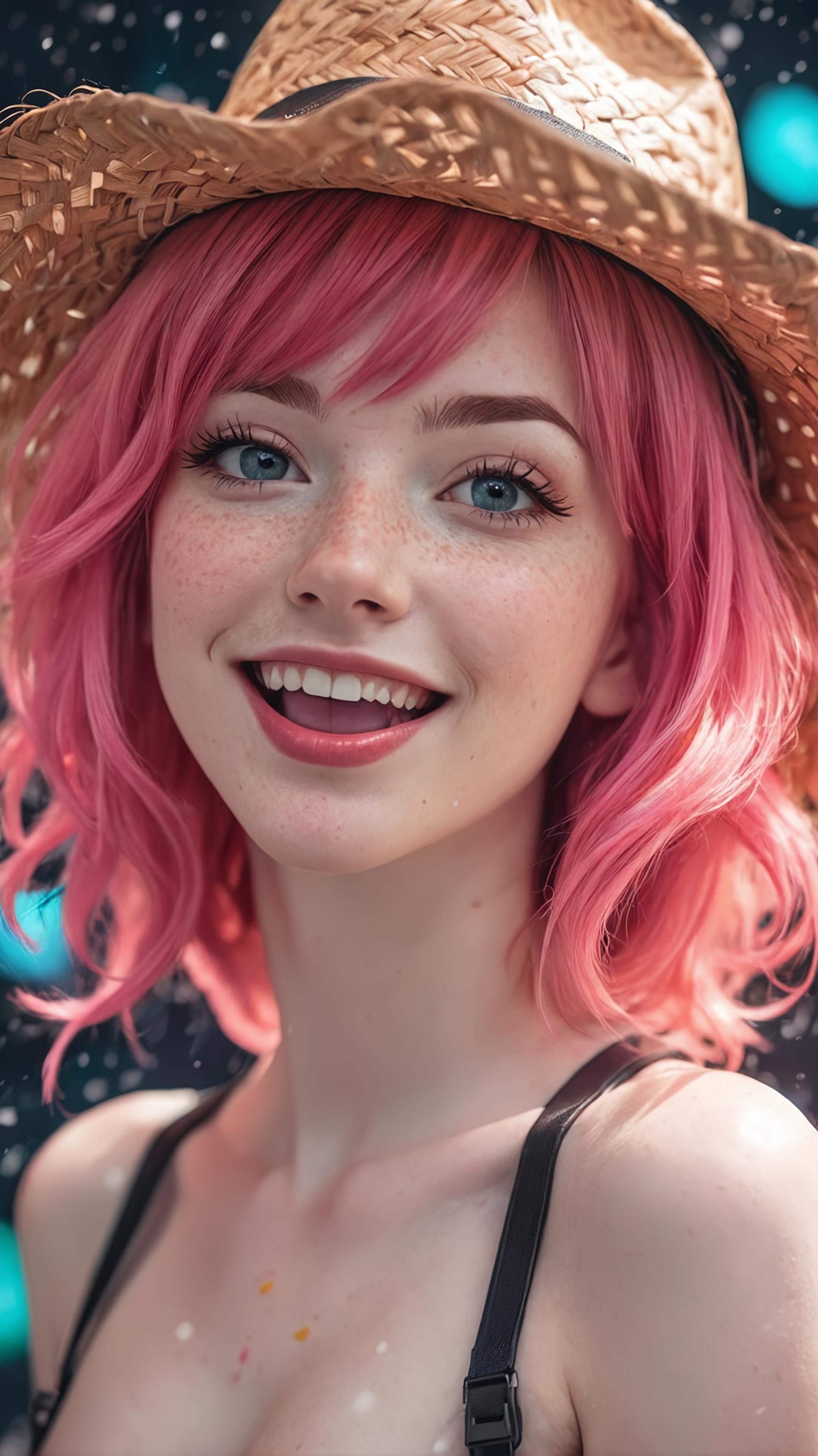 ultra detailed, surreal, strange, (full body sexy gamer girl with pink hair photo), vaporwave neon theme, woman, portrait, smile, laugh, open mouth, (upper body, bust shot, looking away:1.1), neon hair, hair over one eye, ((sexy photo with tongue out)), (black and red lipstick), orange universe background, portrait of a semi naked woman with pale skin and small breasts and freckles, detailed, love look, realistic skin, photograph of a cute girl, (wearing straw hat, redhaired), pale skin, freckles, blush, (topless:1.1), snowfall, Porta 160 color, shot on ARRI ALEXA 65, sharp focus on subject, shot by Don McCullin, gamer girl photo