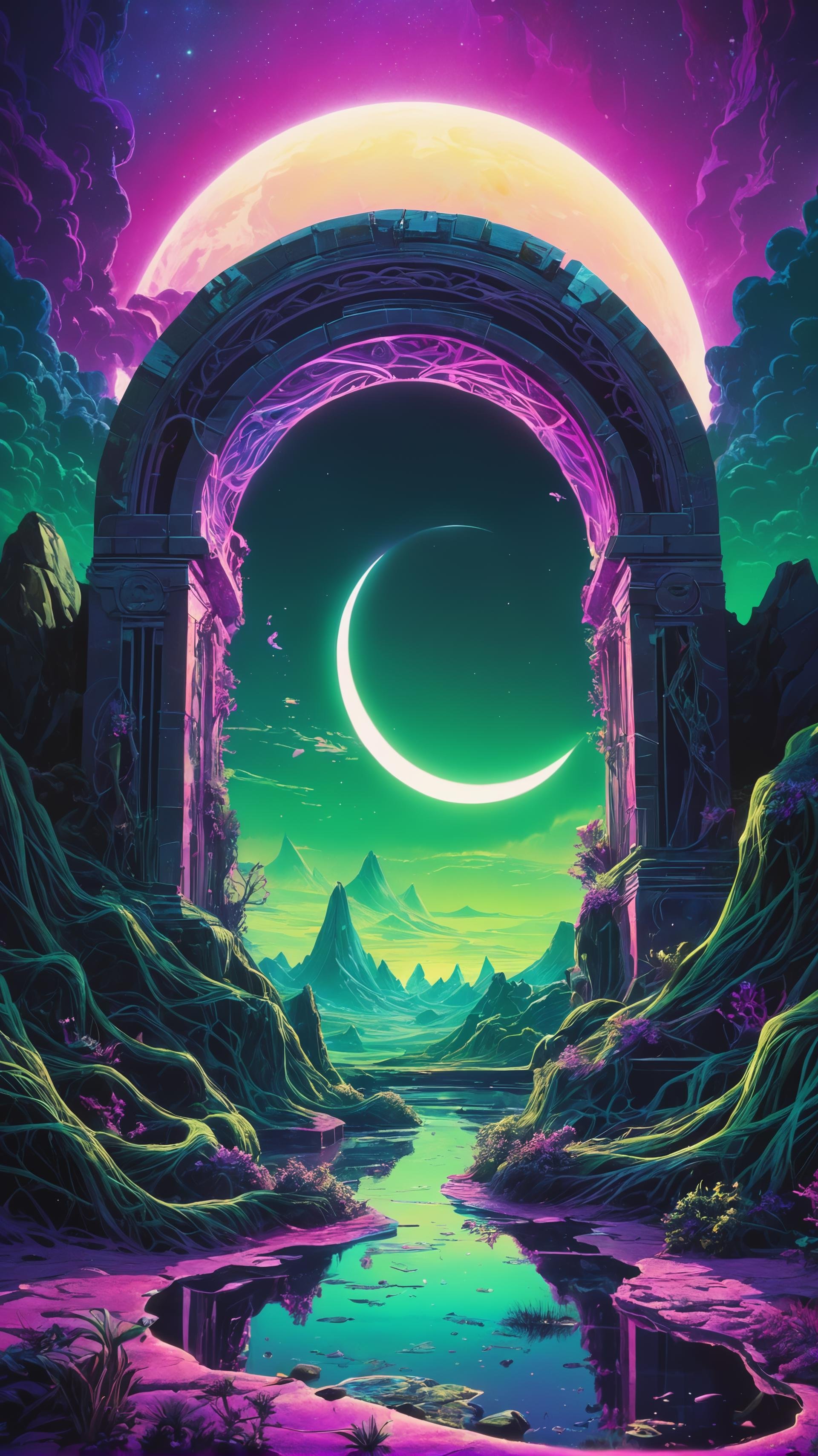 Super high definition, reflective pools, HDR, (Dark vaporwave color palette), eclipse, glowing archway, huge twisting vines, aerial view of rolling hills in bizarre alien landscape, Fibonacci, Enki, annunaki, monolith, megaliths with eyes, ufo, dna, cosmic serpent, vaporwave tiled (liminal space), iris, pixel art, vaporwave aesthetic, purple and green neon lights, bright splashes of alcohol ink puddles, volumetric light, auras, rays of sunlight, bright colors reflect, isometric, digital art, 3d render, chromatic aberration, octane render, volumetrics, by greg rutkowski, (glitched effect), by Frederik Vermehren,  (bleached, dark palette, highly professional, dramatic lighting, extremely beautiful:1.4), (intricate details, masterpiece, best quality:1.4), Psychedelic style, Vibrant colors, swirling patterns, abstract forms, surreal, trippy,  looking at viewer, dynamic pose in the style of Nicola Samori
