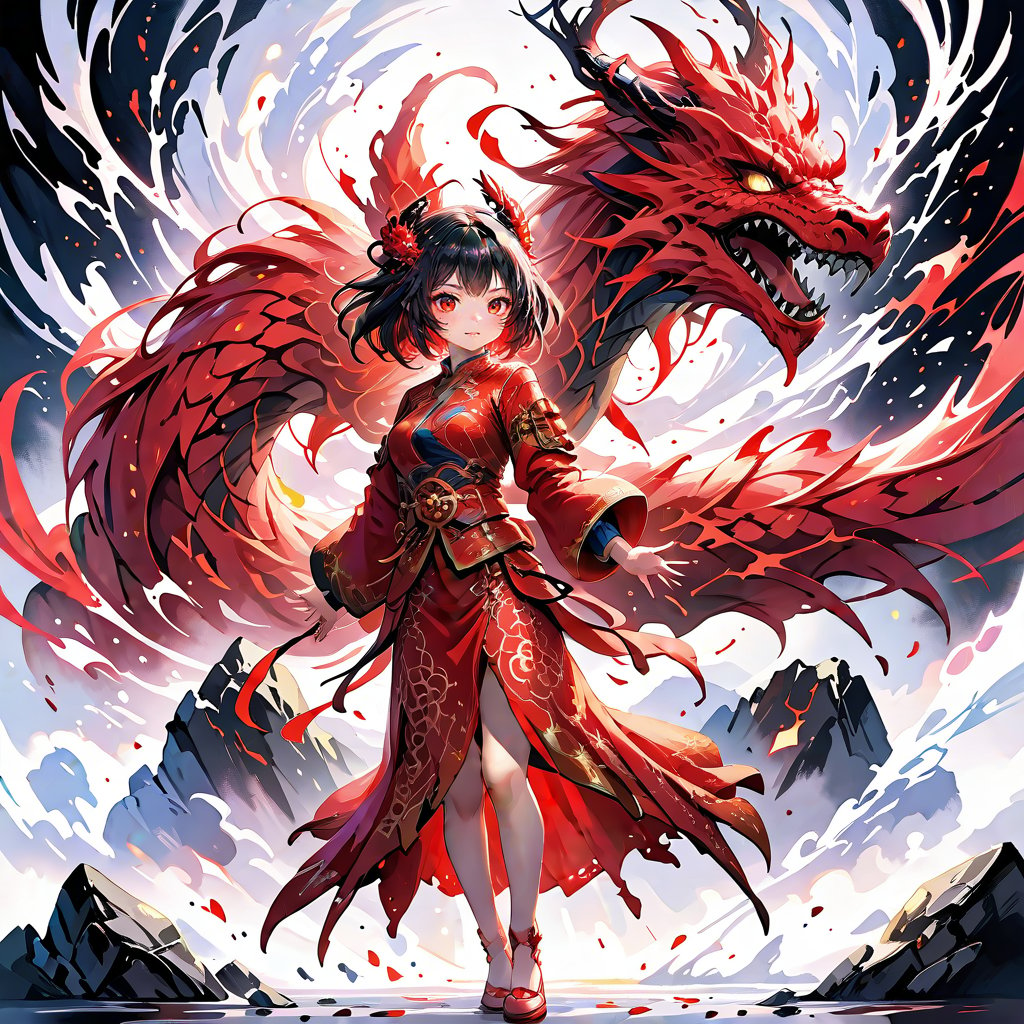 stylized ink painting and digital anime painting, eastern dragon, ink painting, 1dragon girl, weaing a cheongsam red armored dress, ray tracing, waterflall,  8k, realistic, masterpiece, best quality,aesthetic,1dragon girl,dragon,,,,,,1dragon,<lora:659095807385103906:1.0>