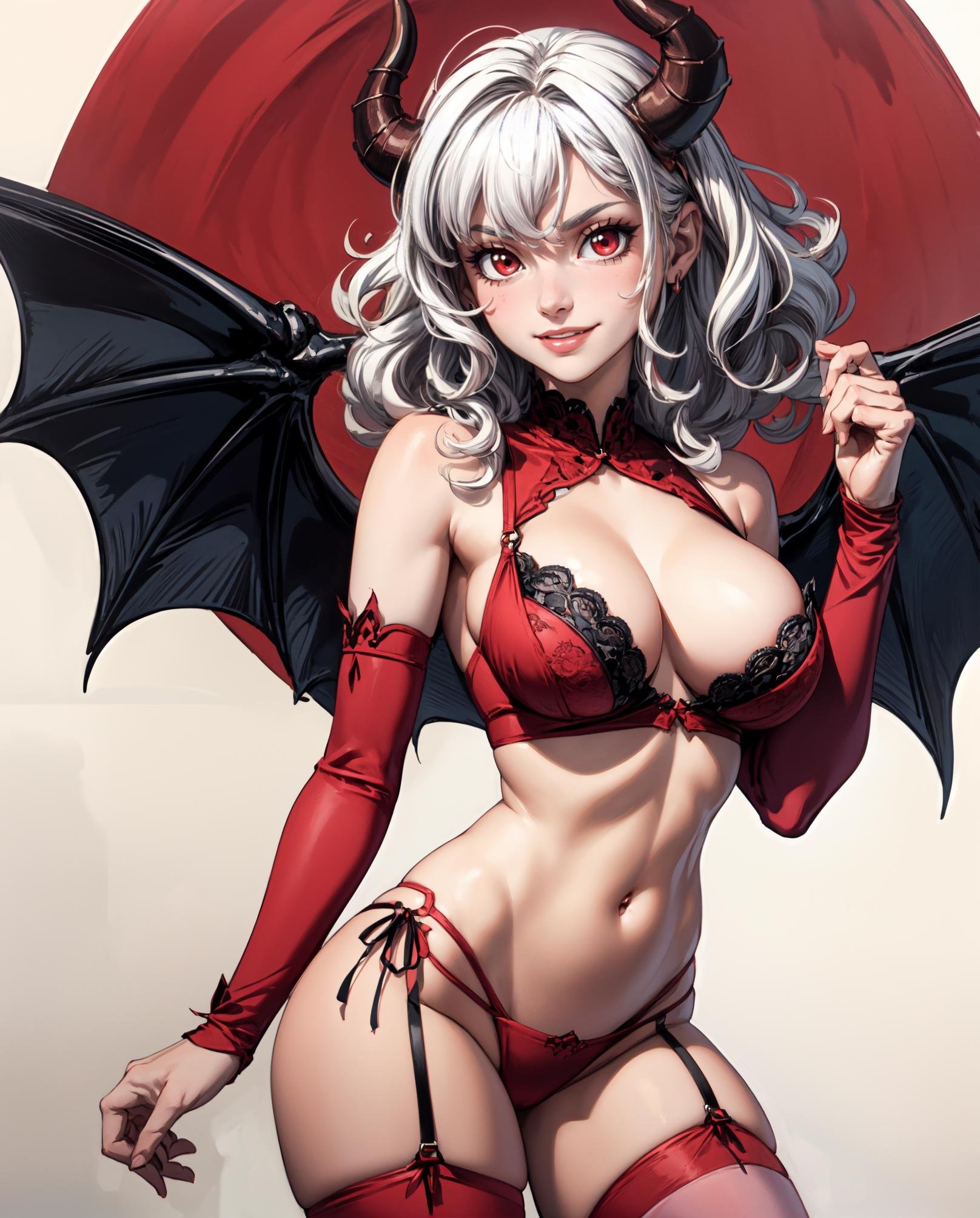 (masterpiece),(best quality), traditional art, 1girl, red eyes, white hair, red lingerie, pink thighhighs,  sexy pose, cute, (large breasts:1.2), (hanging breasts:1.3),  detailed background, hell, <lora:add_detail:1>, curly hair, curled horns, (evil smile:1.2), narrow waist, skinny, monster girl