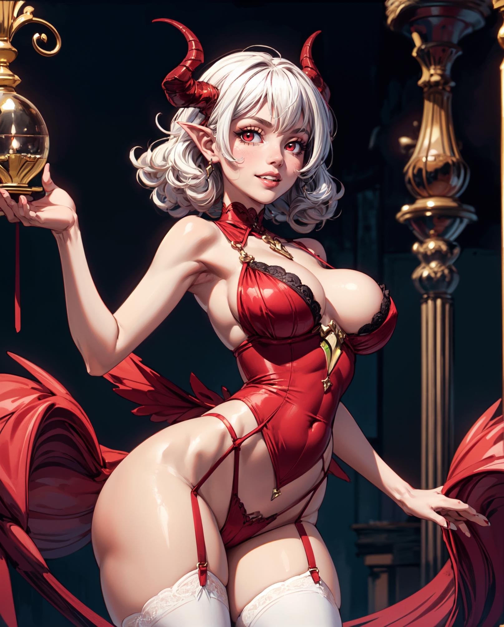 (masterpiece),(best quality), traditional art, 1girl, red eyes, white hair, red lingerie, pink thighhighs,  sexy pose, cute, (large breasts:1.2), (hanging breasts:1.3),  detailed background, hell, <lora:add_detail:1>, curly hair, curled horns, (evil smile:1.2), narrow waist, skinny, (monster girl, Hourglass body, parted lips:1.3), 