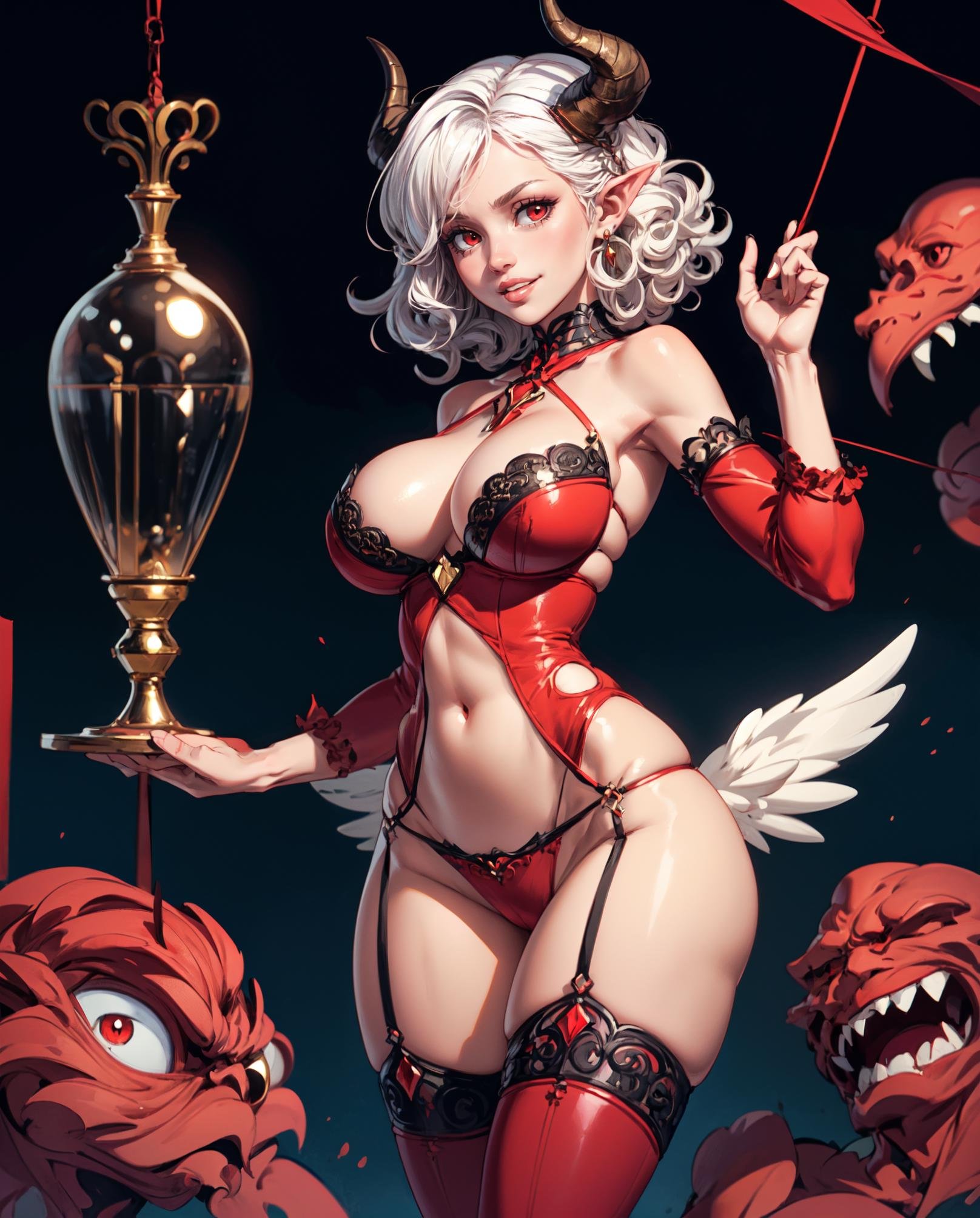 (masterpiece),(best quality), traditional art, 1girl, red eyes, white hair, red lingerie, pink thighhighs,  sexy pose, cute, (large breasts:1.2), (hanging breasts:1.3),  detailed background, hell, <lora:add_detail:1>, curly hair, curled horns, (evil smile:1.2), narrow waist, skinny, (monster girl, Hourglass body, parted lips:1.3), 