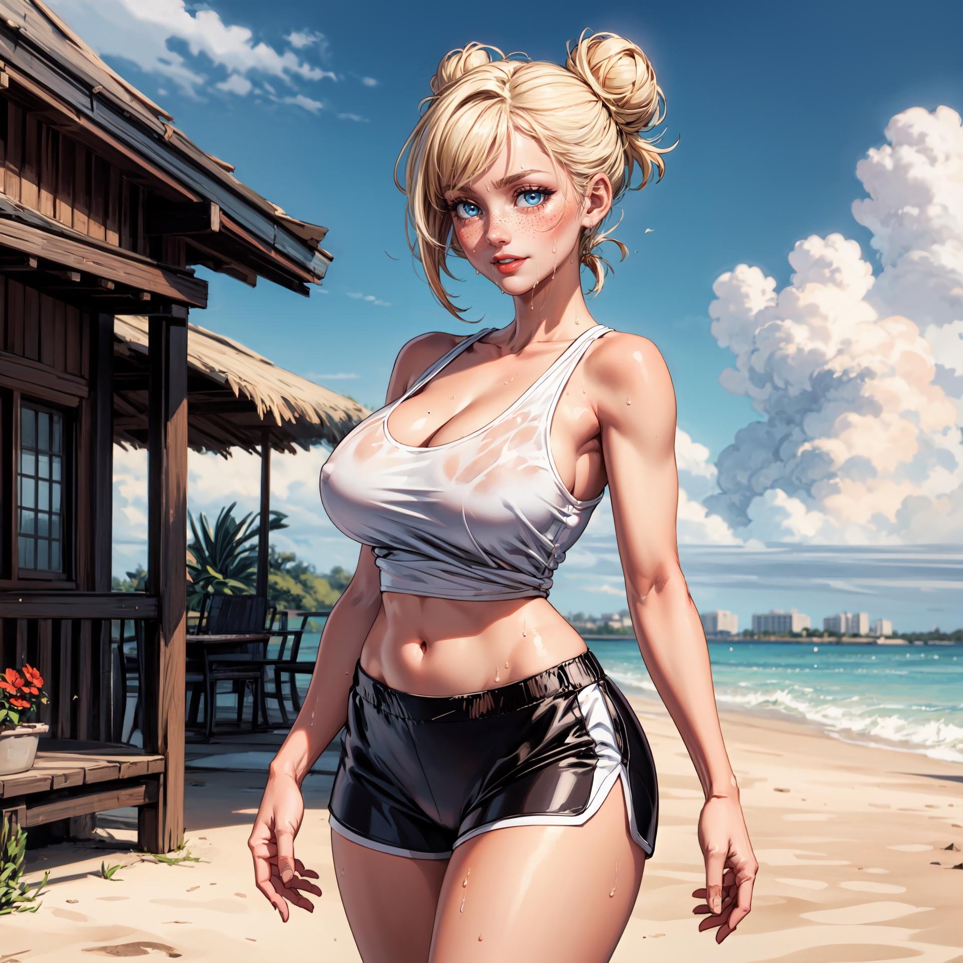 (masterpiece),(best quality),(extremely detailed),(high res),4k,8k, 1girl, blue eyes, blonde hair, bun, red lips, freckles, short hair, thick thighs, curvy figure, wide hips, thin waist, voluptuous, milf, mature female, supermodel, blue tank top, cleavage, underboob, breasts, sweating, wet,((white yoga shorts, white spandex shorts, short shorts,)) high-heels, (full body), cowboy pose, smiling, seductive, blushing, in Florida, beach, streets,<lora:add_detail:1>