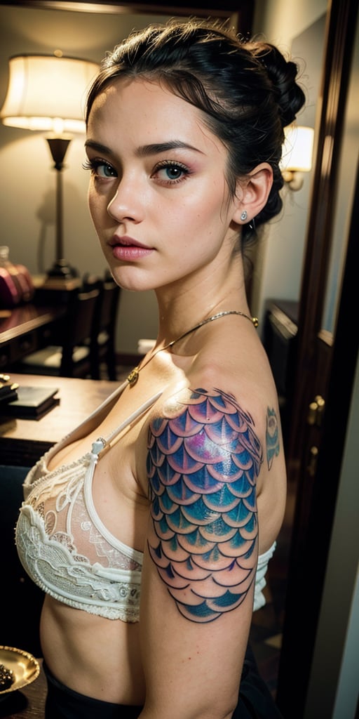 1girl, dragon scale: 1.2,  tattoo: 1.2, (8k, RAW photo, best quality, masterpiece:1.2), (realistic, photo-realistic:1.37), complex photo, 