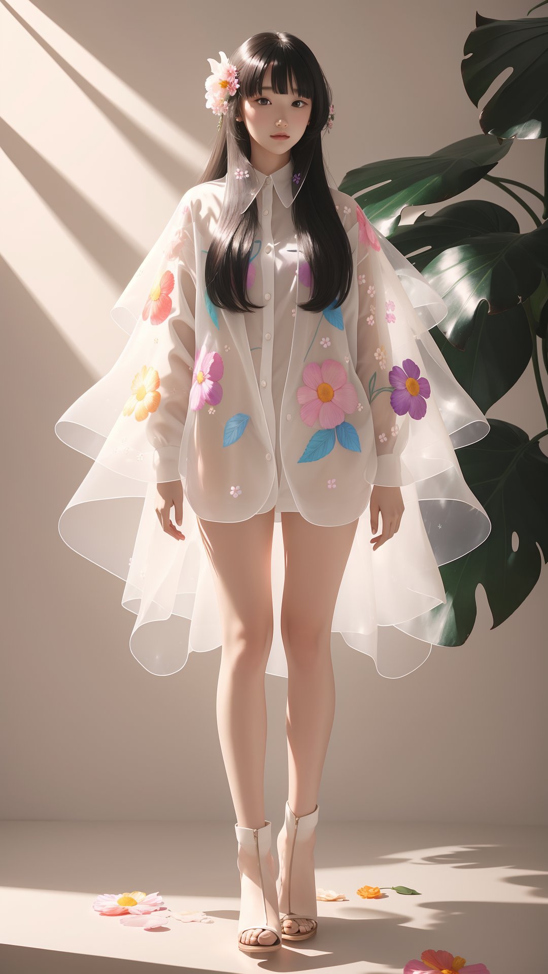 1girl, solo, long hair, full body, flower, leaf, holographic, rainbow, flower_core,photorealistic